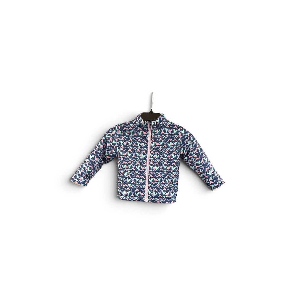 Toddler Girl Quilted Puffer Jacket Navy Pink Geometric Triangle Zip Up Coat 3T